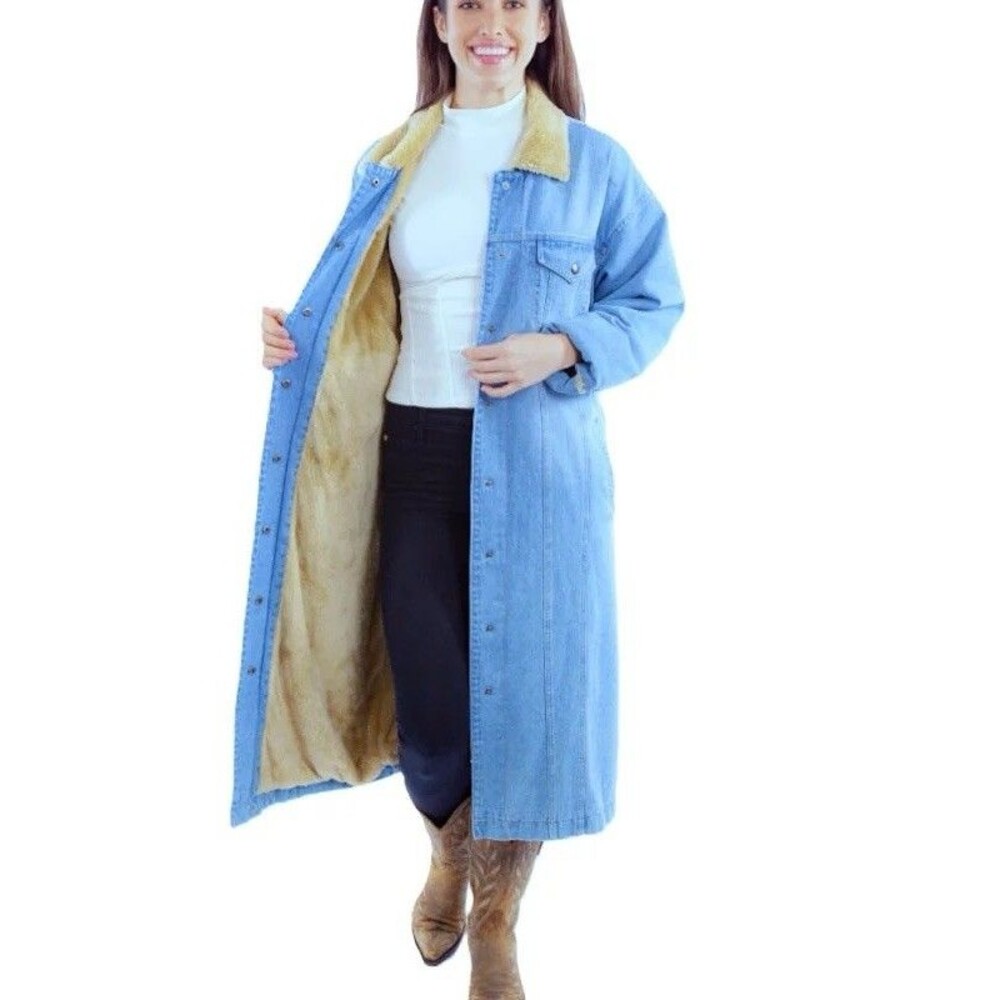 Scully Long Denim Sherpa Lined Coat Jacket Women M Blue Jean Trucker Western